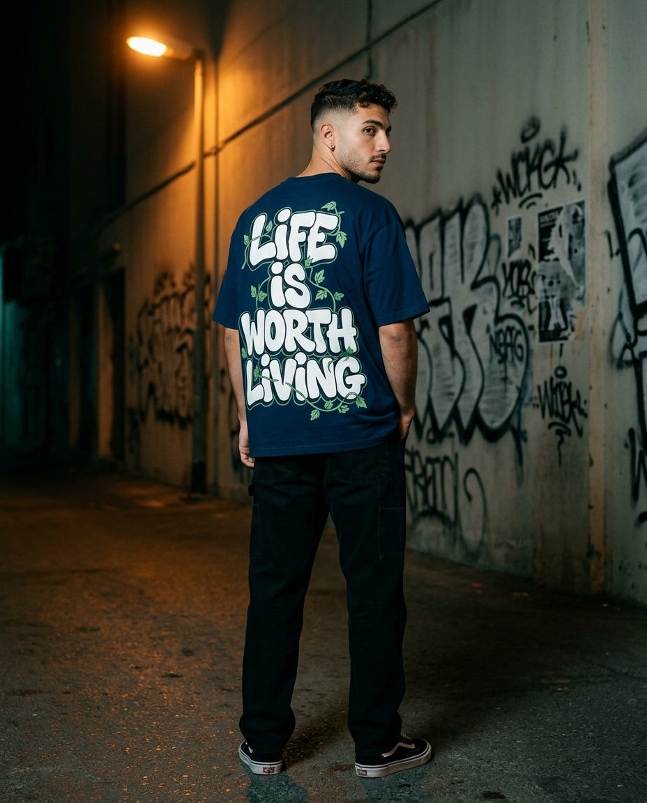 Worth Living tee — back graphic in Dubai alley